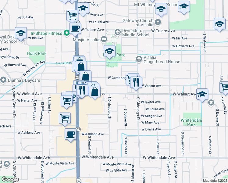 map of restaurants, bars, coffee shops, grocery stores, and more near 1527 West Vassar Avenue in Visalia
