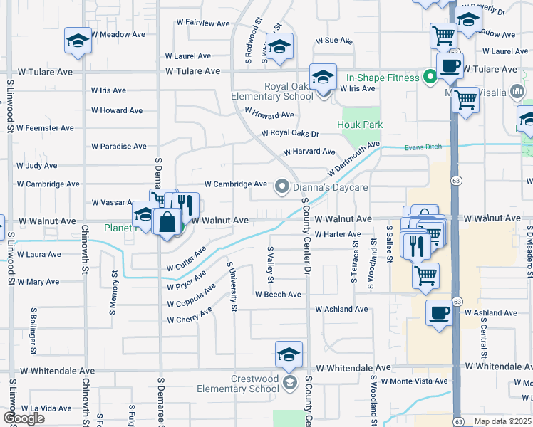 map of restaurants, bars, coffee shops, grocery stores, and more near 3043 West Vassar Avenue in Visalia