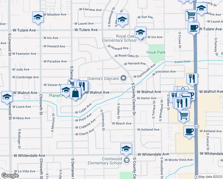 map of restaurants, bars, coffee shops, grocery stores, and more near 3210 West Walnut Avenue in Visalia