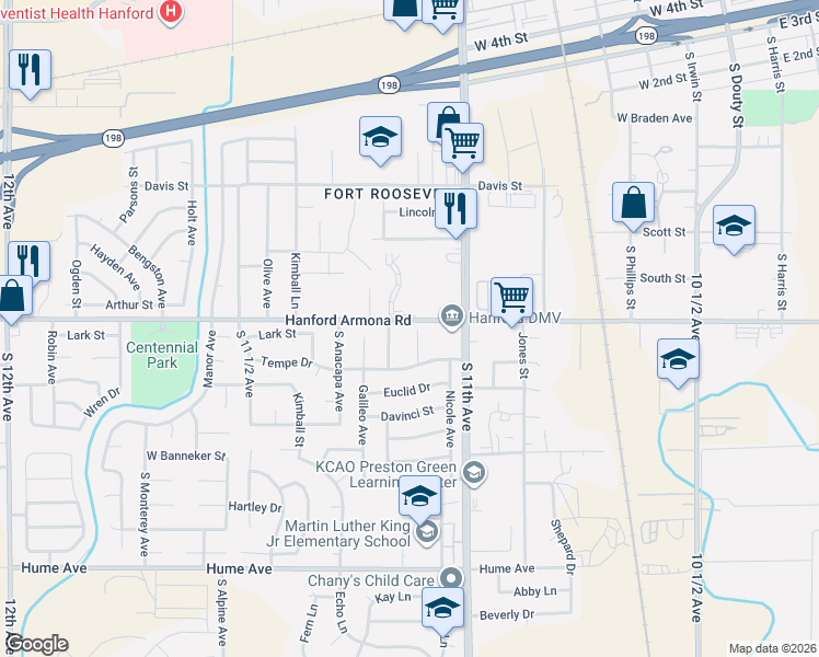 map of restaurants, bars, coffee shops, grocery stores, and more near 800-898 Hanford Armona Road in Hanford