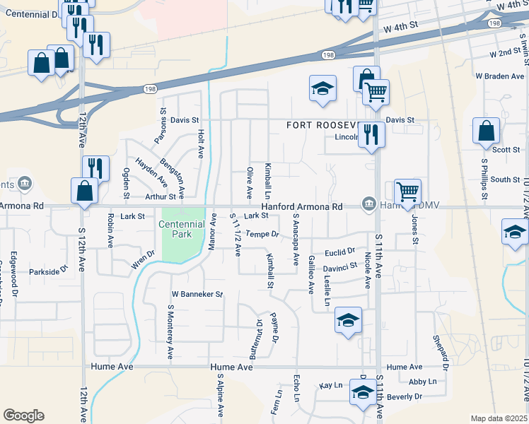 map of restaurants, bars, coffee shops, grocery stores, and more near 987 Olive Avenue in Hanford