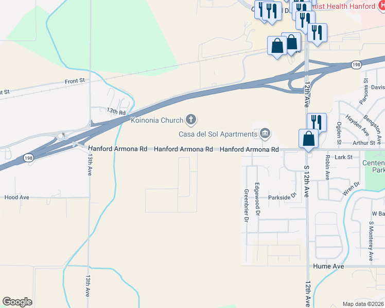 map of restaurants, bars, coffee shops, grocery stores, and more near 12500 Hanford Armona Road in Hanford