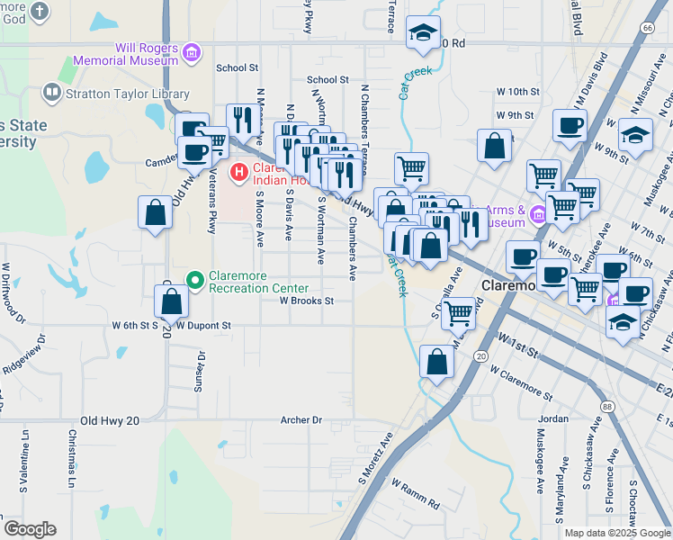 map of restaurants, bars, coffee shops, grocery stores, and more near 406 South Wortman Avenue in Claremore