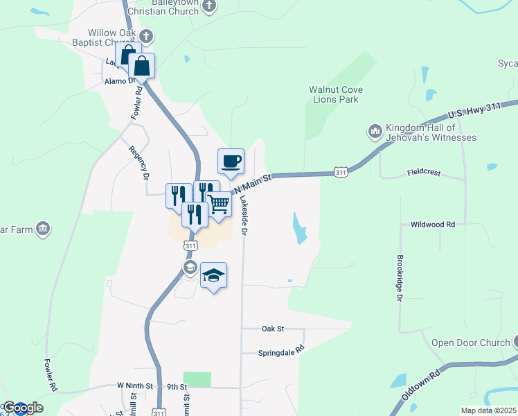 map of restaurants, bars, coffee shops, grocery stores, and more near 1208 North Main Street in Walnut Cove