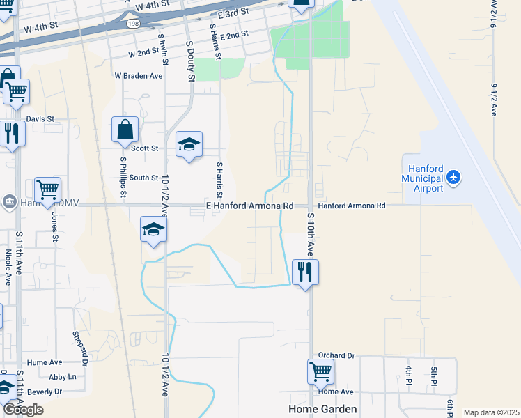 map of restaurants, bars, coffee shops, grocery stores, and more near 351 East Hanford Armona Road in Hanford