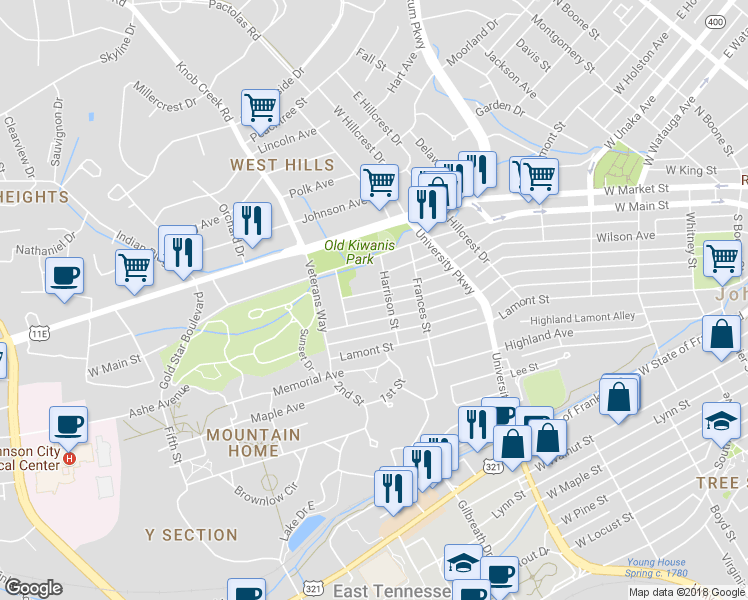 map of restaurants, bars, coffee shops, grocery stores, and more near 907 Wilson Avenue in Johnson City