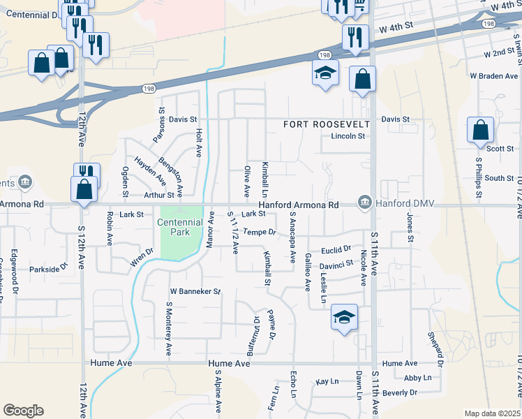 map of restaurants, bars, coffee shops, grocery stores, and more near 987 Olive Avenue in Hanford