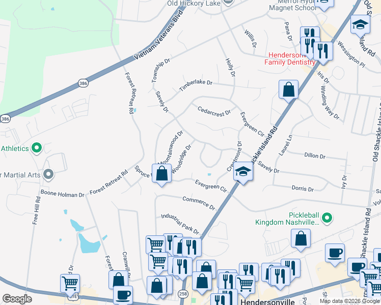 map of restaurants, bars, coffee shops, grocery stores, and more near 108 Woodridge Drive in Hendersonville