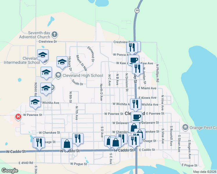 map of restaurants, bars, coffee shops, grocery stores, and more near 504 North C Avenue in Cleveland