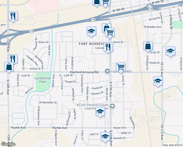 map of restaurants, bars, coffee shops, grocery stores, and more near 1010 Leslie Lane in Hanford