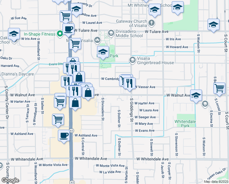 map of restaurants, bars, coffee shops, grocery stores, and more near 1510 West Walnut Avenue in Visalia