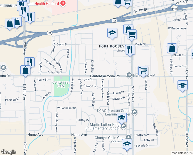 map of restaurants, bars, coffee shops, grocery stores, and more near 1084 Lark Street in Hanford