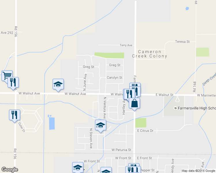 map of restaurants, bars, coffee shops, grocery stores, and more near 451 West Marilyn Street in Farmersville
