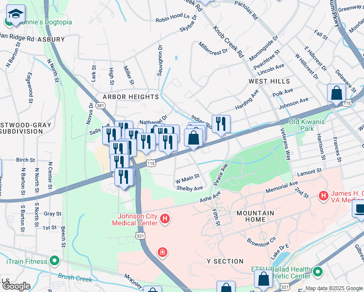 map of restaurants, bars, coffee shops, grocery stores, and more near 1702 West Market Street in Johnson City