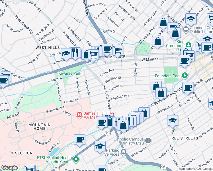 map of restaurants, bars, coffee shops, grocery stores, and more near 511 Hamilton Street in Johnson City