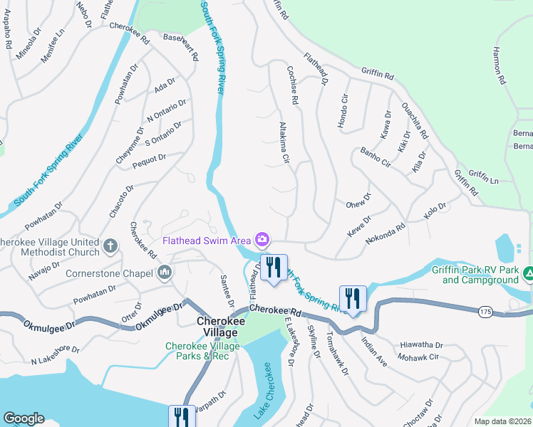 map of restaurants, bars, coffee shops, grocery stores, and more near 76 Altakima Circle in Cherokee Village