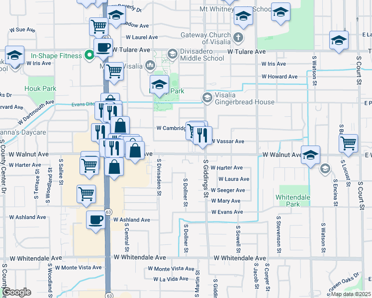 map of restaurants, bars, coffee shops, grocery stores, and more near 1420 West Walnut Avenue in Visalia