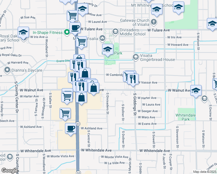 map of restaurants, bars, coffee shops, grocery stores, and more near 1527 West Vassar Avenue in Visalia