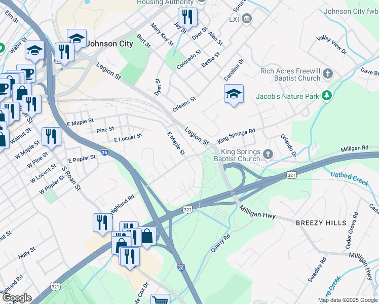 map of restaurants, bars, coffee shops, grocery stores, and more near 715 King Springs Road in Johnson City