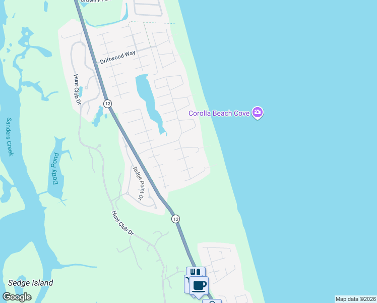 map of restaurants, bars, coffee shops, grocery stores, and more near 616 Skimmer Arch in Corolla