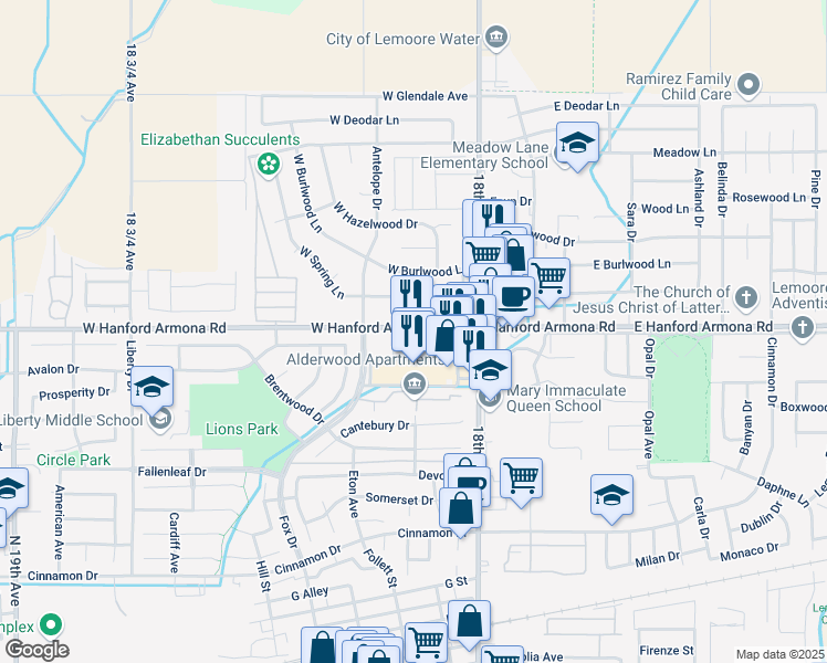 map of restaurants, bars, coffee shops, grocery stores, and more near 166 West Hanford Armona Road in Lemoore