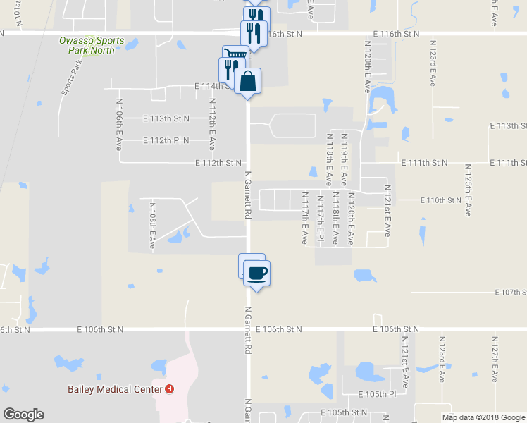 map of restaurants, bars, coffee shops, grocery stores, and more near 11404 East 110th Street North in Owasso