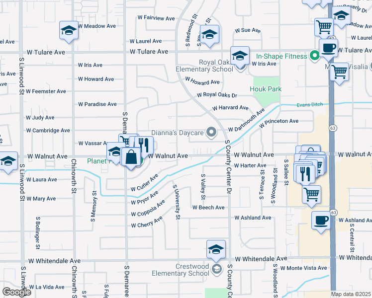 map of restaurants, bars, coffee shops, grocery stores, and more near 3210 West Walnut Avenue in Visalia