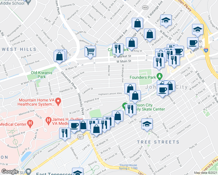 map of restaurants, bars, coffee shops, grocery stores, and more near Lamont St & Winter St in Johnson City