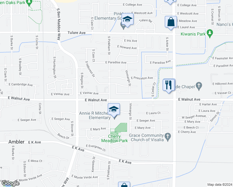 map of restaurants, bars, coffee shops, grocery stores, and more near 1745 East Vassar Avenue in Visalia