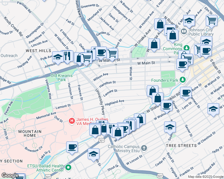 map of restaurants, bars, coffee shops, grocery stores, and more near 450 Lamont Street in Johnson City