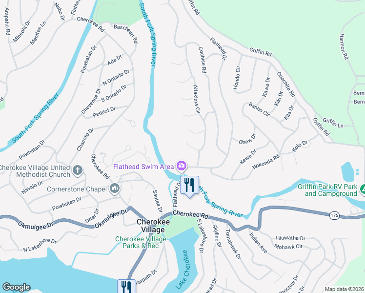 map of restaurants, bars, coffee shops, grocery stores, and more near 76 Altakima Circle in Cherokee Village
