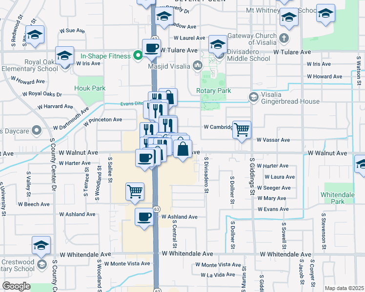 map of restaurants, bars, coffee shops, grocery stores, and more near 1970 West Walnut Avenue in Visalia