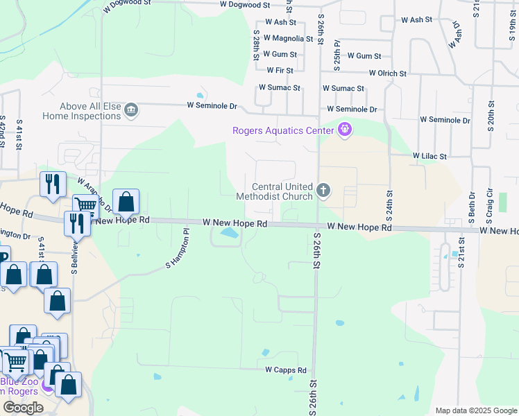 map of restaurants, bars, coffee shops, grocery stores, and more near 2715 West Centennial Drive in Rogers