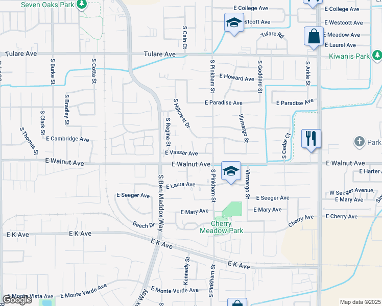 map of restaurants, bars, coffee shops, grocery stores, and more near 1930 East Vassar Avenue in Visalia