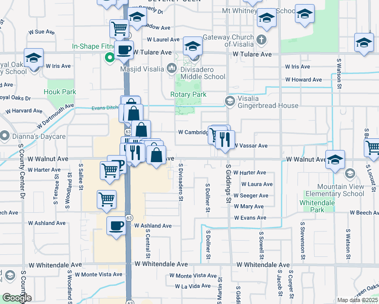map of restaurants, bars, coffee shops, grocery stores, and more near 1527 West Vassar Avenue in Visalia