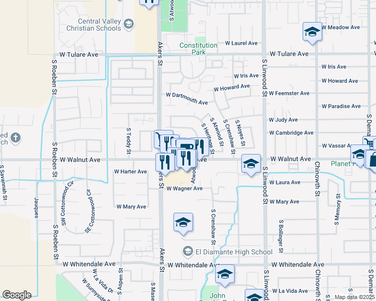 map of restaurants, bars, coffee shops, grocery stores, and more near 5100 West Walnut Avenue in Visalia