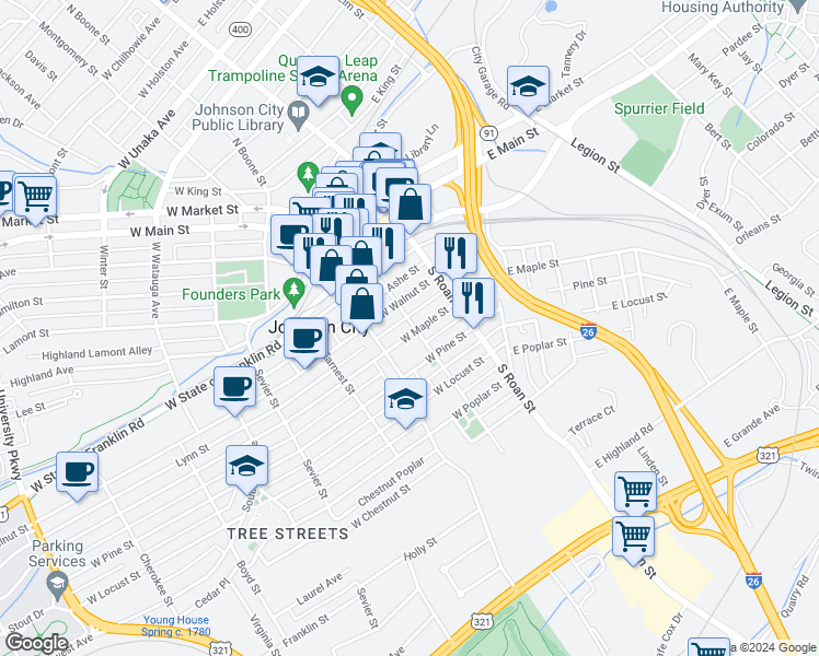 map of restaurants, bars, coffee shops, grocery stores, and more near 200 West Maple Street in Johnson City