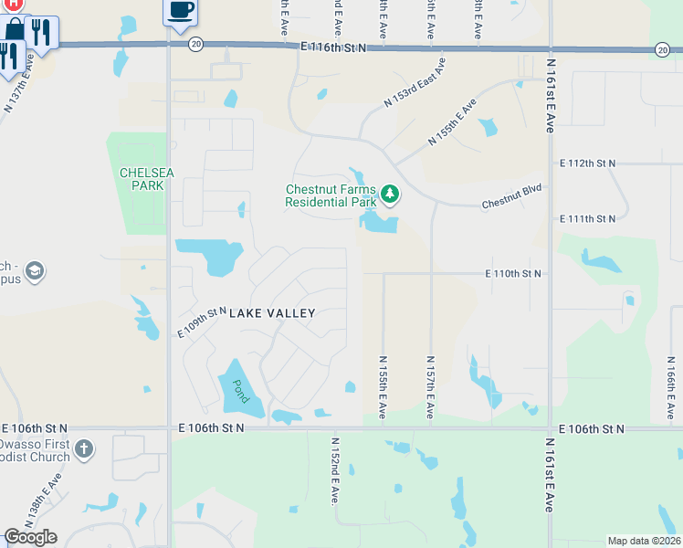 map of restaurants, bars, coffee shops, grocery stores, and more near 10933 North 154th East Avenue in Owasso