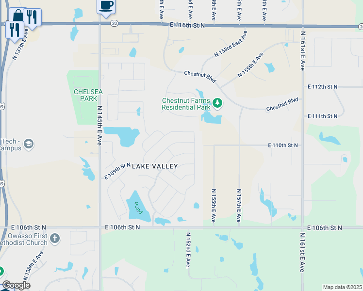 map of restaurants, bars, coffee shops, grocery stores, and more near 15204 East 110th Street North in Owasso
