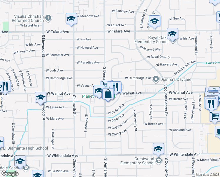 map of restaurants, bars, coffee shops, grocery stores, and more near 1931 South Royal Oaks Drive in Visalia