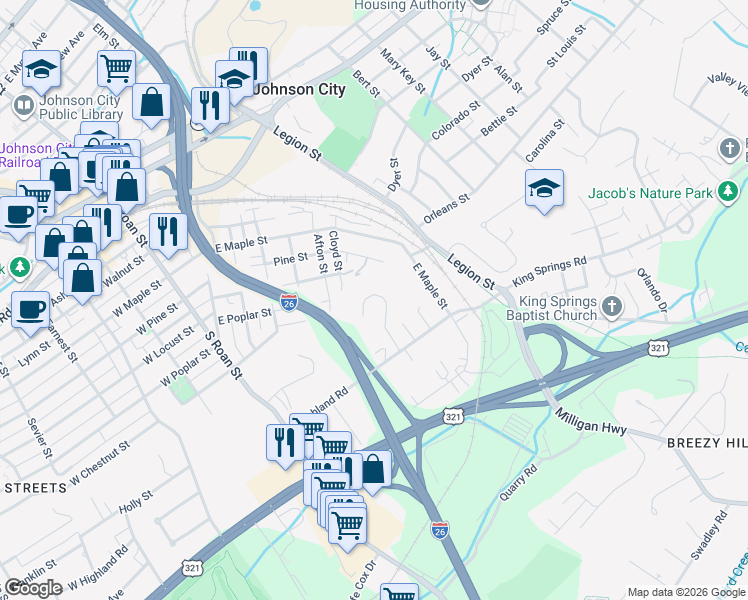 map of restaurants, bars, coffee shops, grocery stores, and more near 33 Taylor Ridge Court in Johnson City