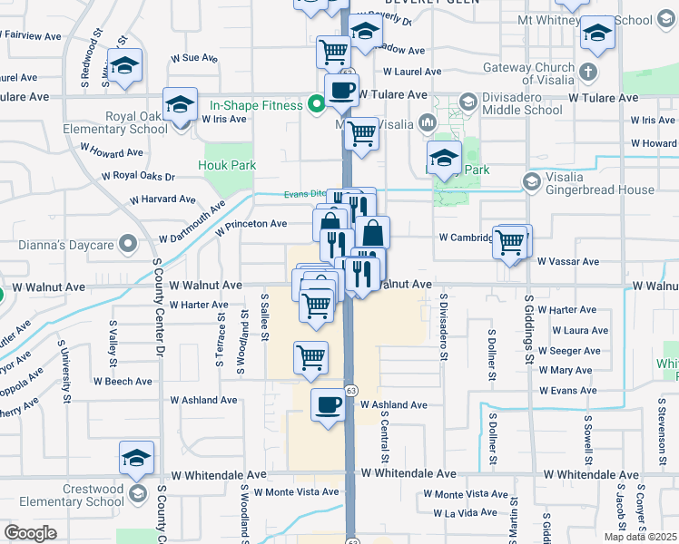 map of restaurants, bars, coffee shops, grocery stores, and more near 1933 South Mooney Boulevard in Visalia