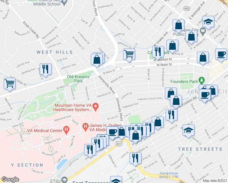 map of restaurants, bars, coffee shops, grocery stores, and more near University Pkwy & Hamilton St in Johnson City
