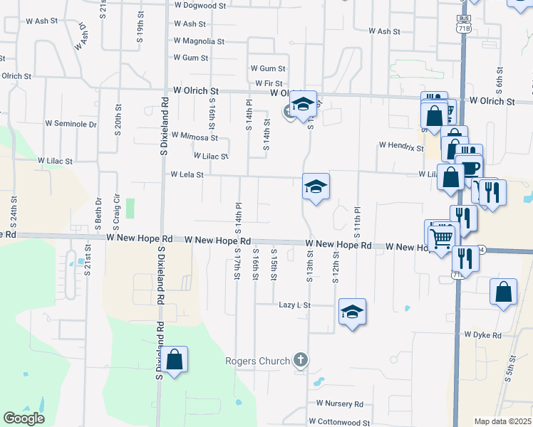 map of restaurants, bars, coffee shops, grocery stores, and more near 1818 South 14th Street in Rogers