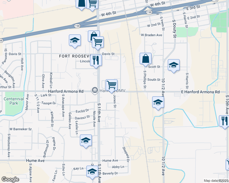 map of restaurants, bars, coffee shops, grocery stores, and more near 10900 Hanford Armona Road in Hanford