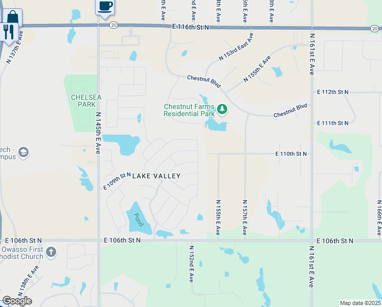 map of restaurants, bars, coffee shops, grocery stores, and more near 15204 East 110th Street North in Owasso