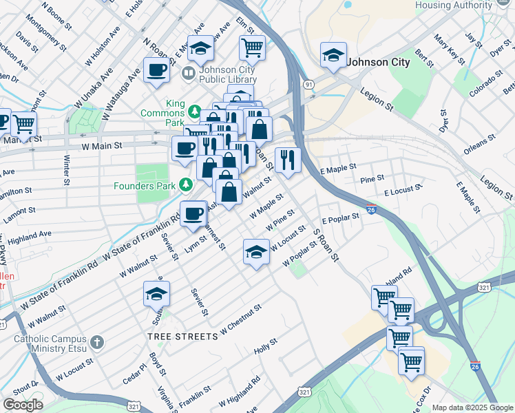 map of restaurants, bars, coffee shops, grocery stores, and more near 200 West Maple Street in Johnson City