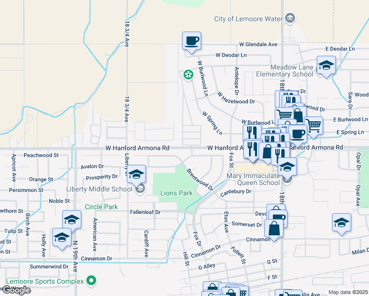 map of restaurants, bars, coffee shops, grocery stores, and more near 448 West Hanford Armona Road in Lemoore