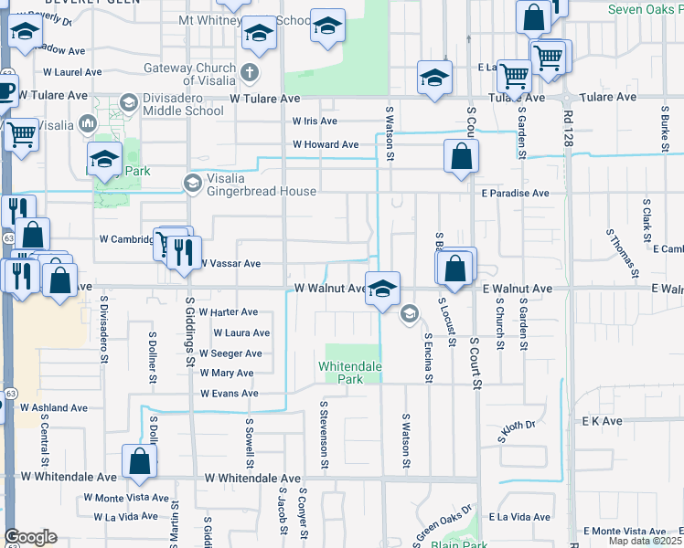 map of restaurants, bars, coffee shops, grocery stores, and more near 1921 South Johnson Street in Visalia