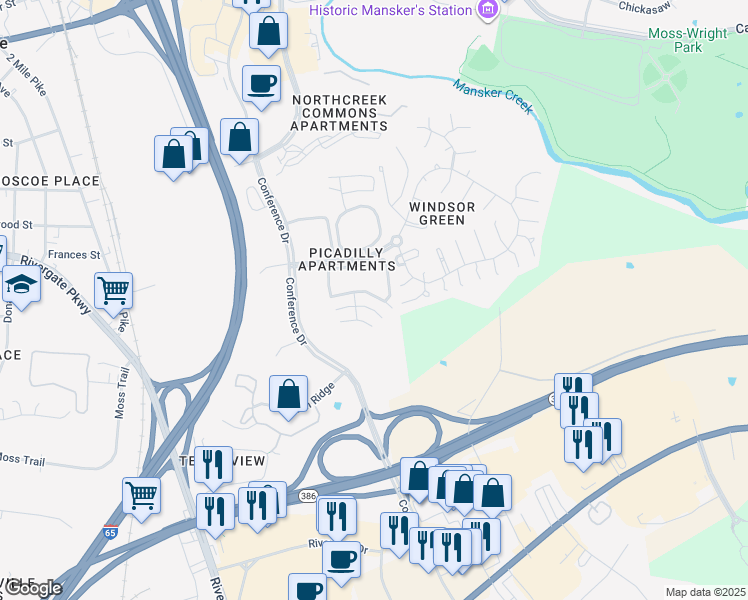 map of restaurants, bars, coffee shops, grocery stores, and more near 1038 Windsor Green Boulevard in Goodlettsville